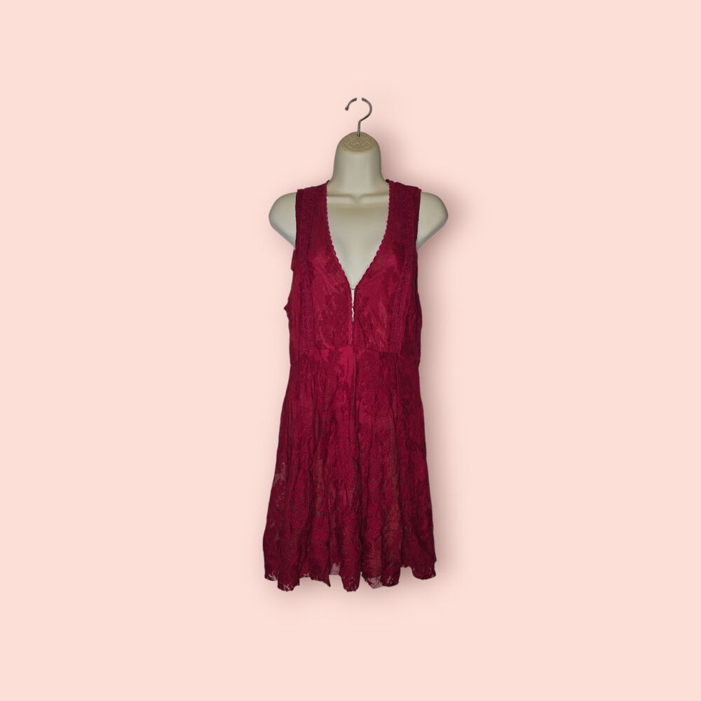 Free People Reign Over Me Lace Embroidered Red Mini Dress Boho Festival 6 Sheer